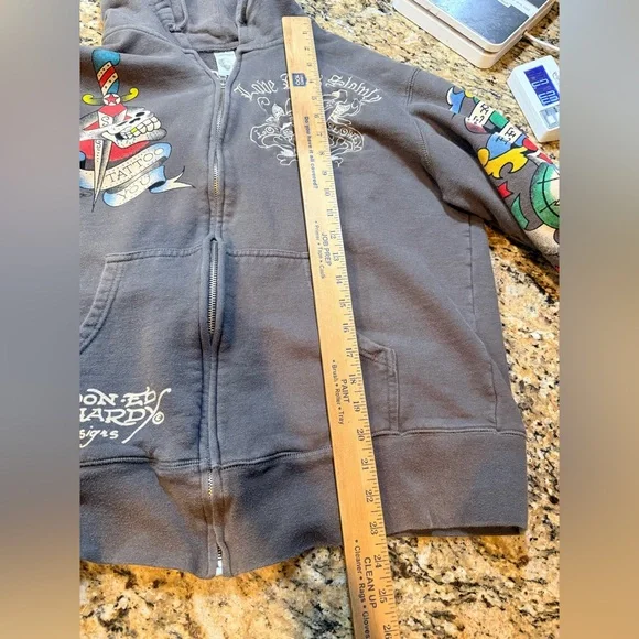 Ed Hardy Vintage brown unisex Graphic skull full Zip Up Hoodie Y2K Size XL
